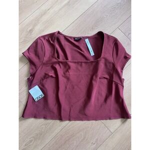 ASOS DESIGN Curve Burgundy Ribbed Square Neck Short Sleeve Top Plus Size US 24